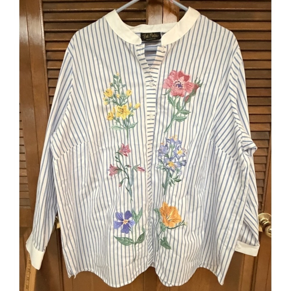 Bob Mackie Floral Embroidered Striped Button Blouse 2X Cottagecore Art Top